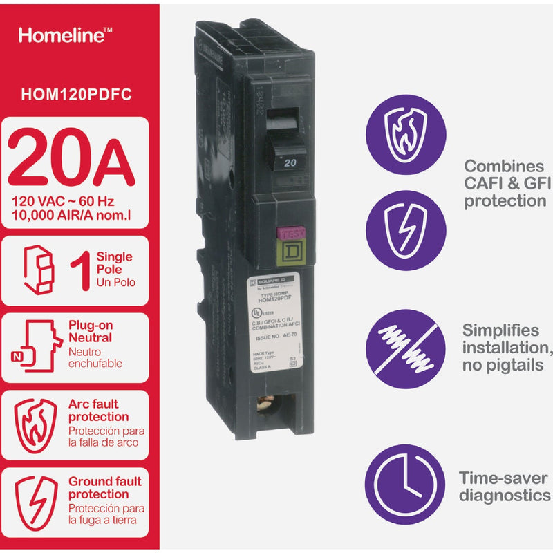 Square D Homeline 20A Single-Pole CAFCI Plug-On Neutral Dual Function Circuit Breaker