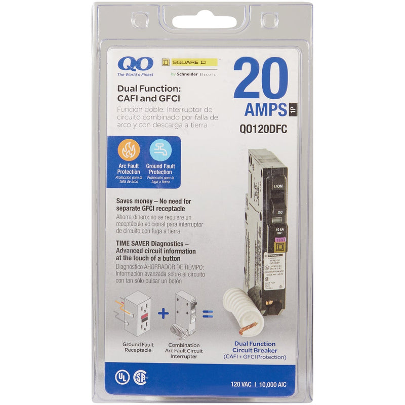 Square D QO 20A Single-Pole CAFCI Dual Function Circuit Breaker