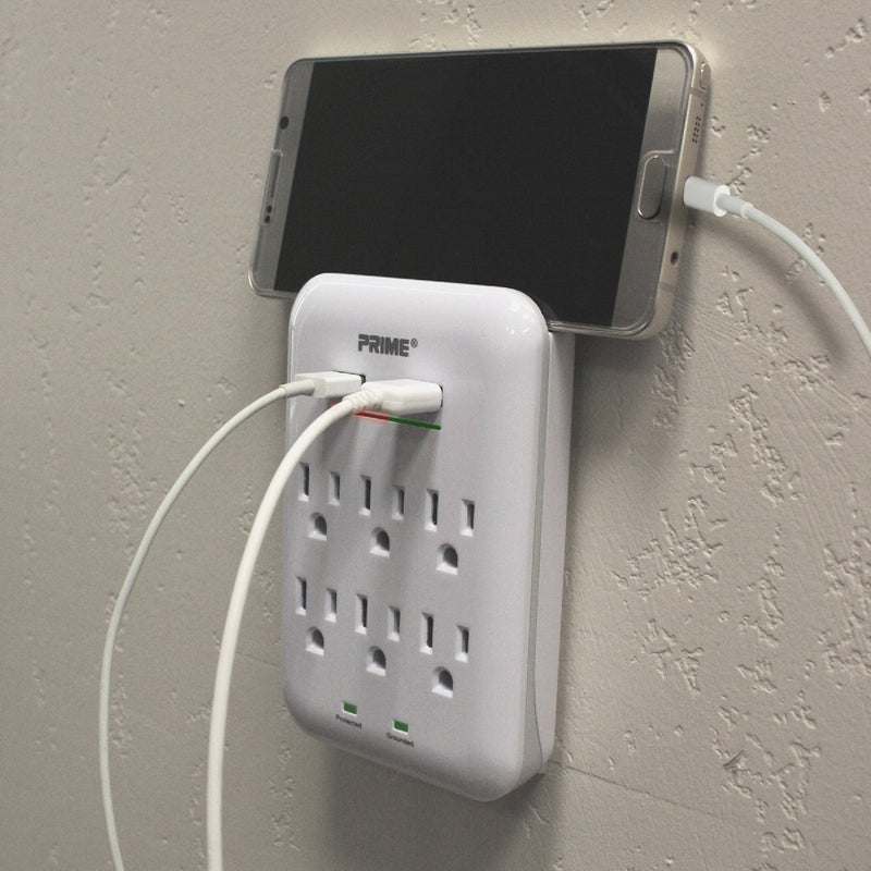 Prime Wire & Cable 6 Power & 2 USB White Wall Charger