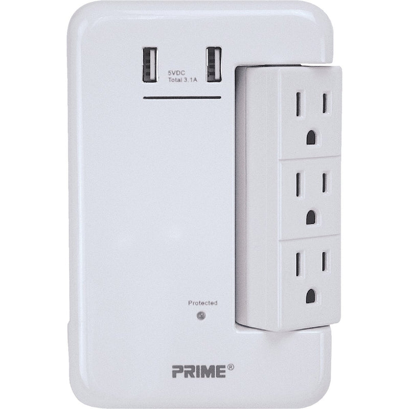 Prime Wire & Cable 6 Power & 2 USB White Rotating Surge Tap USB Charger