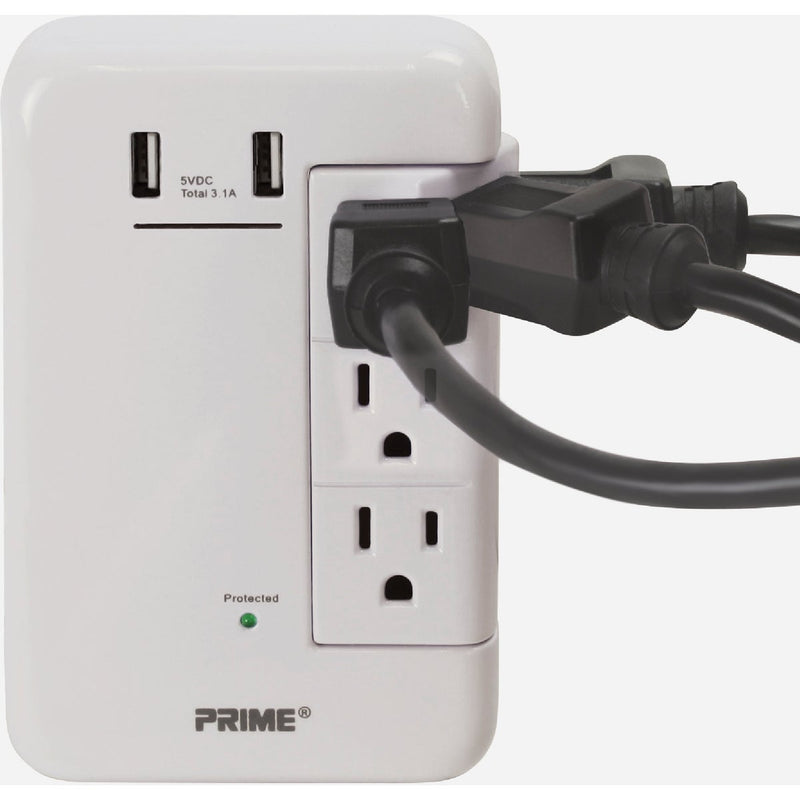 Prime Wire & Cable 6 Power & 2 USB White Rotating Surge Tap USB Charger