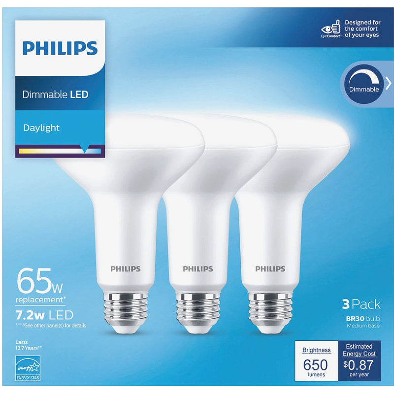 Philips 65W Equivalent Daylight BR30 Medium Dimmable LED Floodlight Light Bulb (3-Pack)