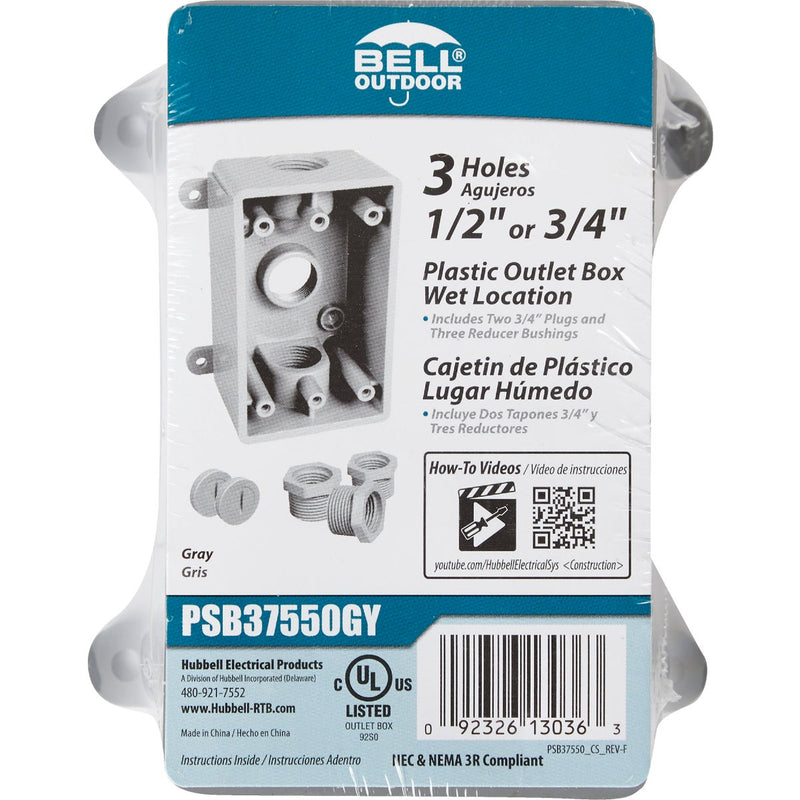 Bell Single Gang 1/2 In.,3/4 In. 3-Outlet Gray PVC Weatherproof Outdoor Outlet Box