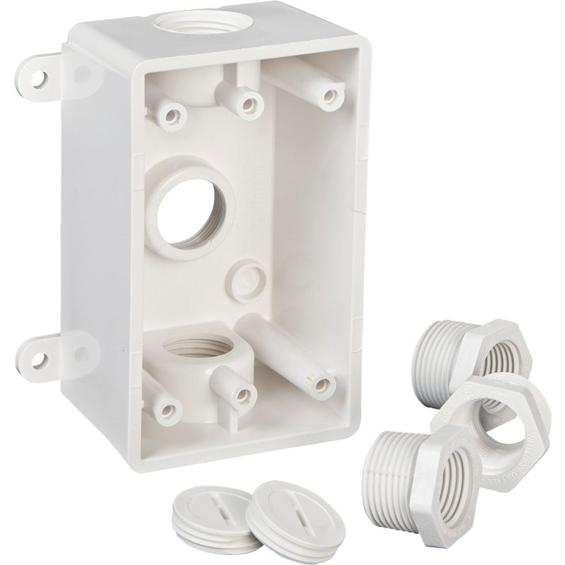 Bell Single Gang 1/2 In.,3/4 In. 3-Outlet White PVC Weatherproof Outdoor Outlet Box