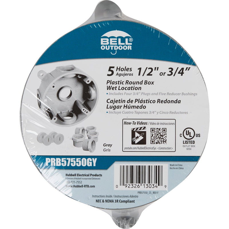 Bell Single Gang 1/2 In.,3/4 In. 5-Outlet Gray Round PVC Weatherproof Outdoor Outlet Box