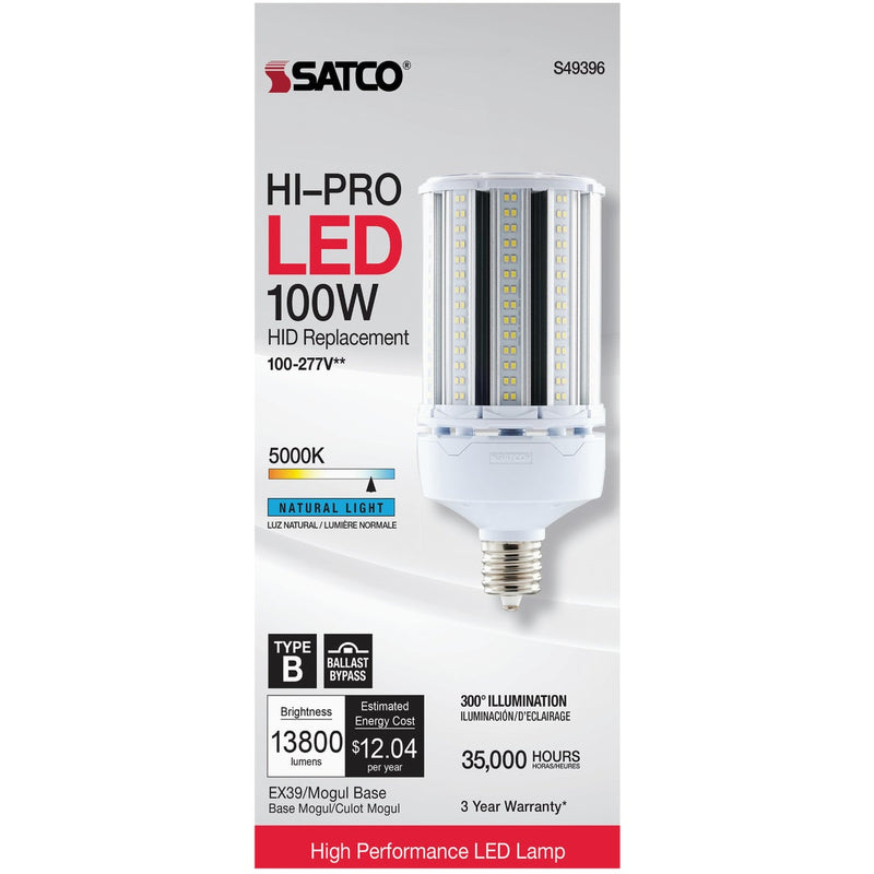 Satco Hi-Pro 400W HID Equivalent Clear Corn Cob Mogul Extended Base LED High-Intensity Light Bulb w/Safety Chain