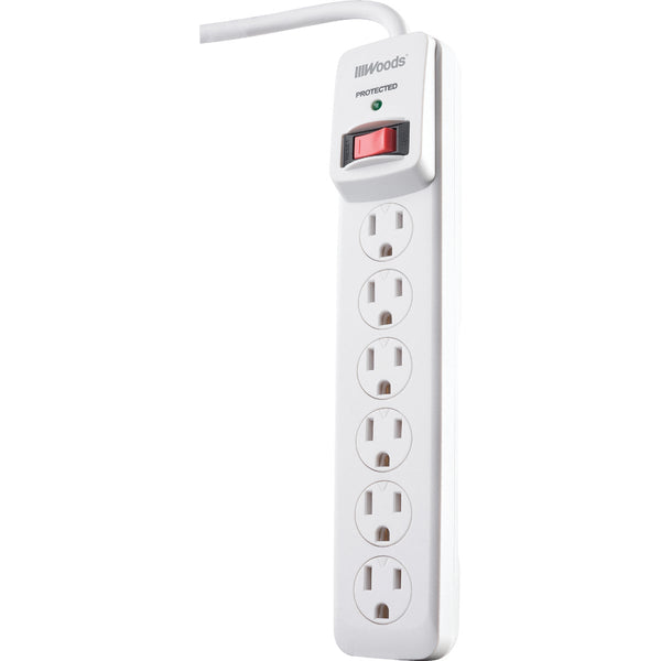 Woods 6-Outlet 900J White Plastic Surge Protector Strip with 3 Ft. Cord