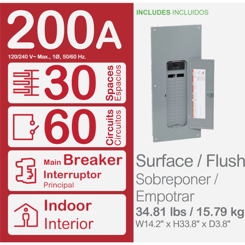 Square D Homeline Qwik-Grip 200A 60-Circuit 30-Space Indoor Main Breaker Plug-On Neutral Load Center