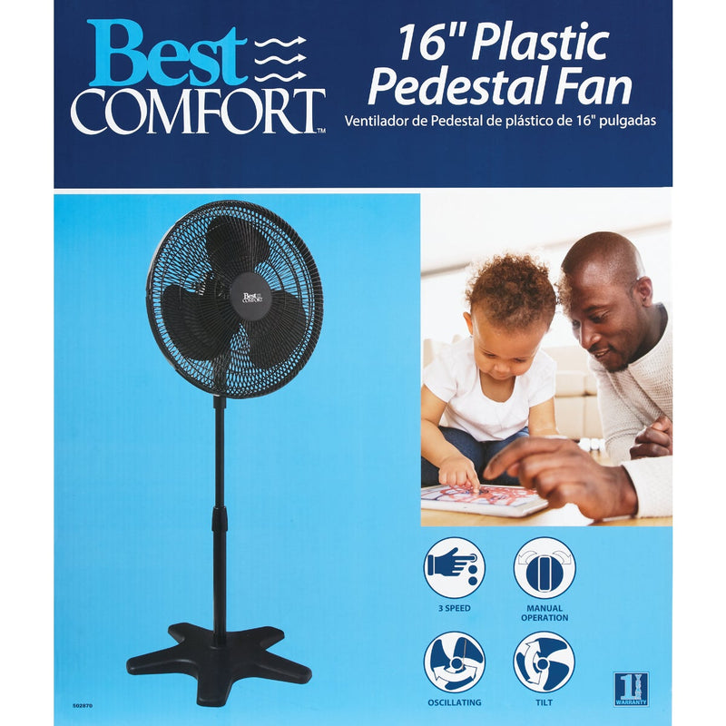 Best Comfort 16 In. 3-Speed 38 In. to 49 In. H. Black Oscillating Pedestal Fan