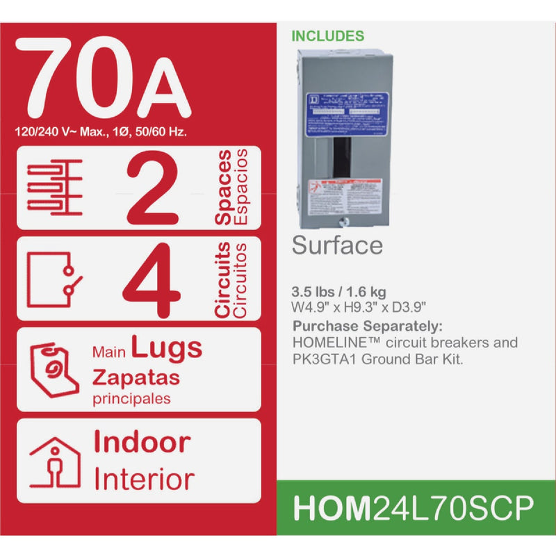 Square D Homeline 70A 2-Space 4-Circuit Indoor Main Lug Surface Mount Load Center