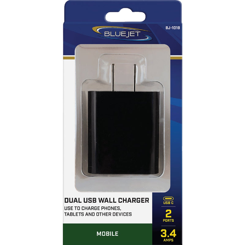 Blue Jet AC Outlet Black Dual 3.4A Wall USB Charger