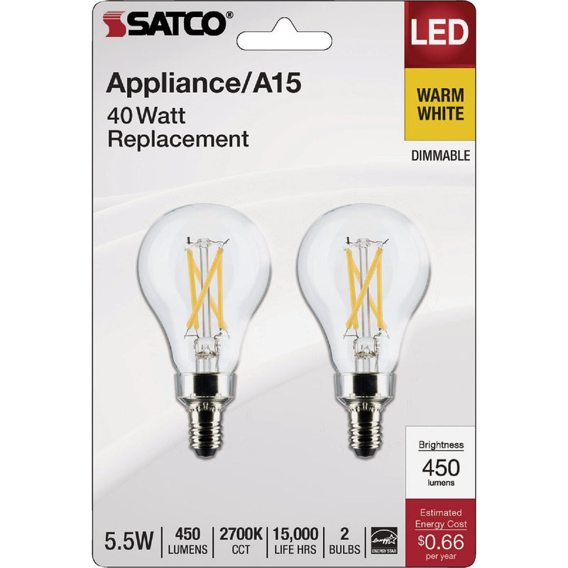 Satco 40W Equivalent Warm White A15 Candelabra Dimmable Traditional LED Light Bulb (2-Pack)