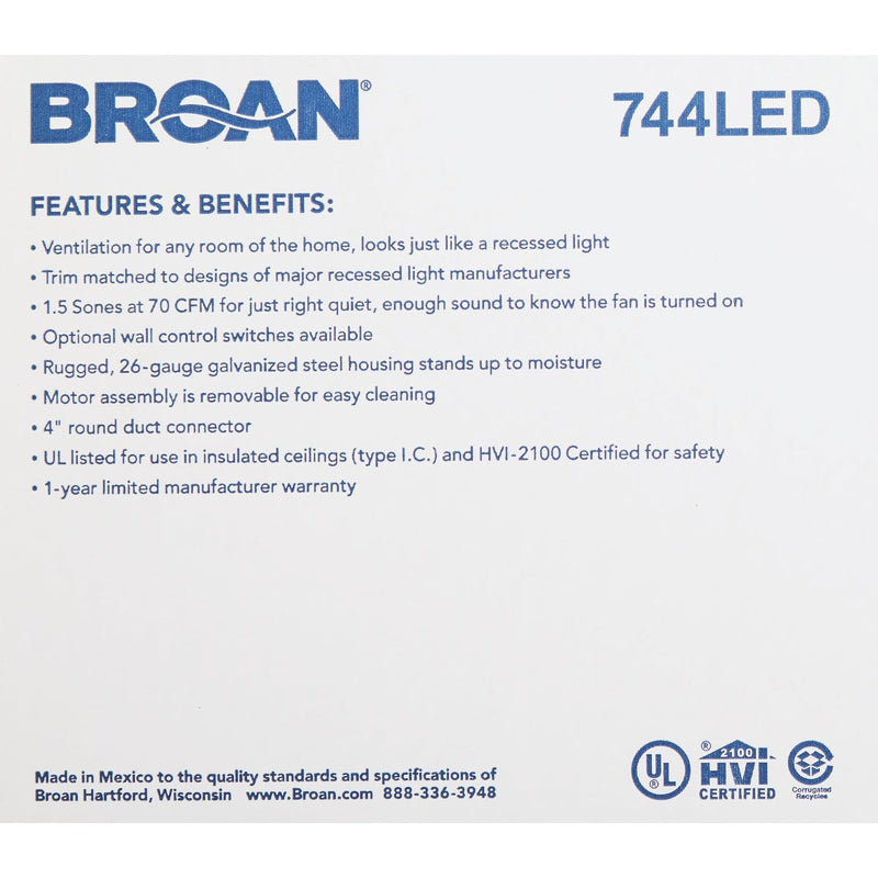 Broan 70CFM 1.5 Sones 120V Recessed Bath Exhaust Fan with LED Light