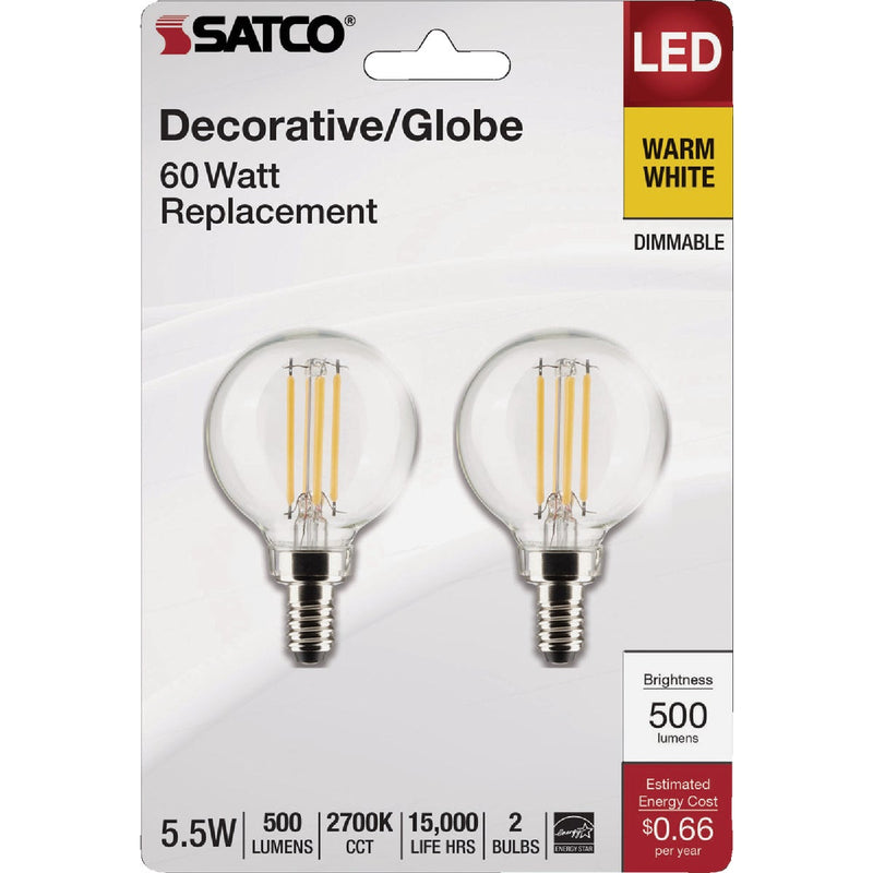 Satco 60W Equivalent Warm White G16.5 Candelabra LED Decorative Light Bulb (2-Pack)