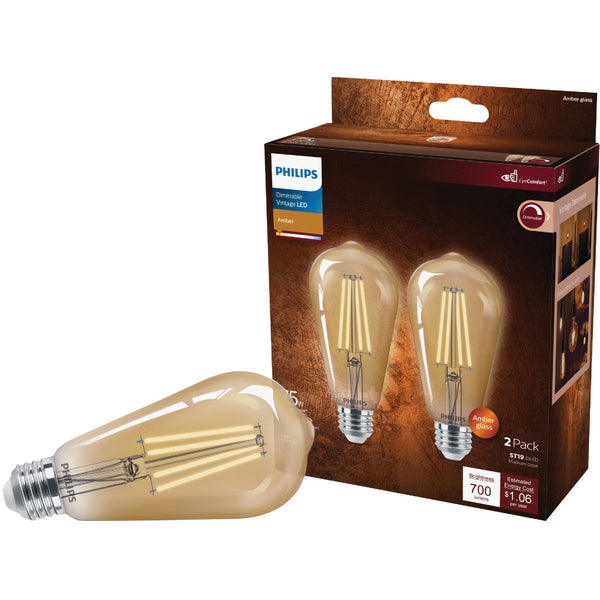 Philips Vintage 75W Equivalent Amber ST19 Medium LED Decorative Light Bulb (2-Pack)