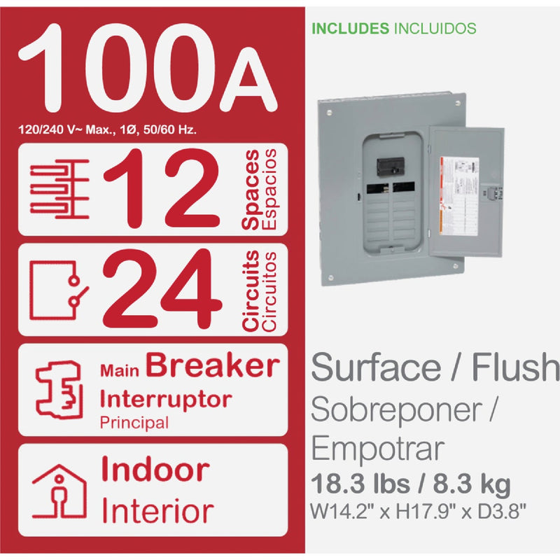 Square D Homeline 100A 12-Space 24-Circuit Indoor Main Breaker Plug-on Neutral Load Center