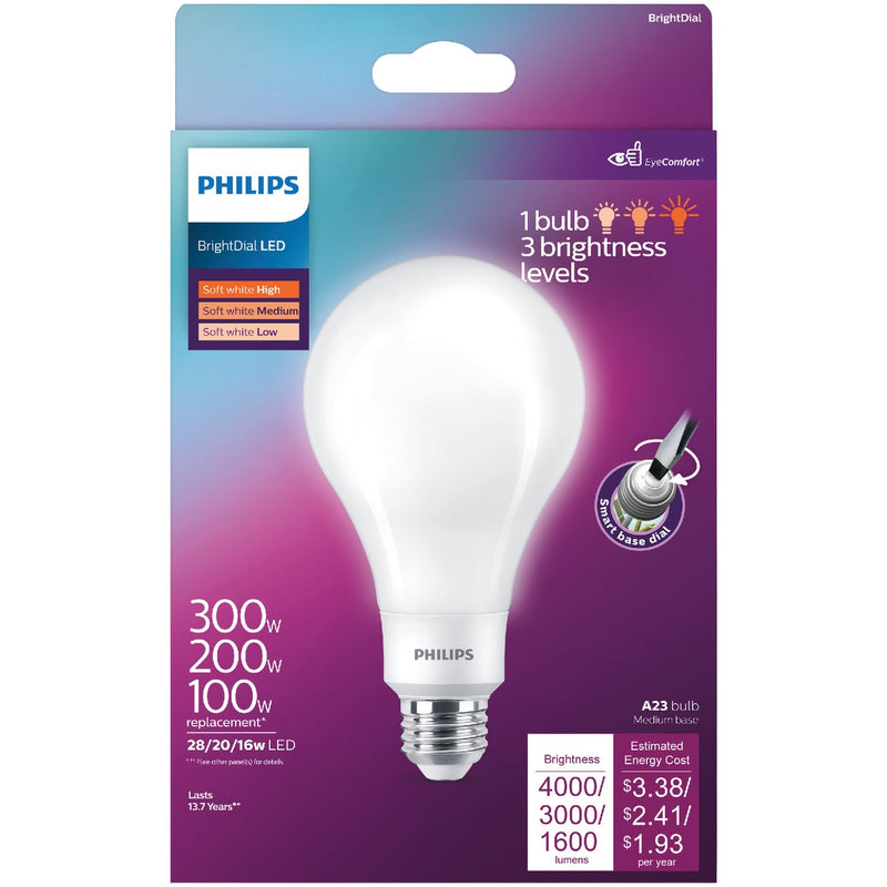 Philips BrightDial 300/200/100W Equivalent Soft White A23 Medium LED Light Bulb