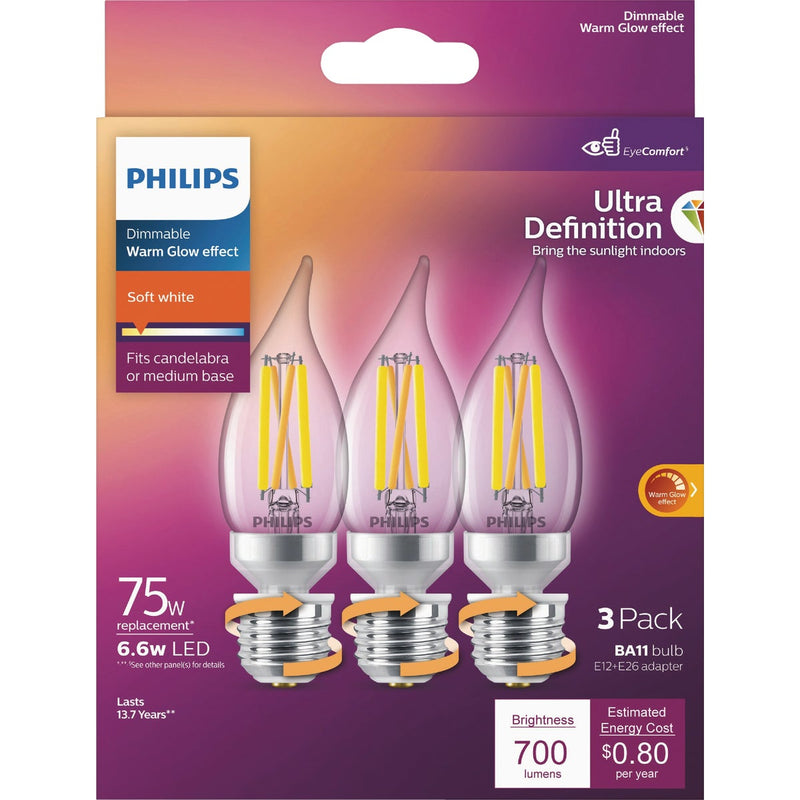 Philips Ultra Definition 75W Equivalent Soft White BA11 Adjustable Base (E12 & E26) LED Decorative Light Bulb (3-Pack)