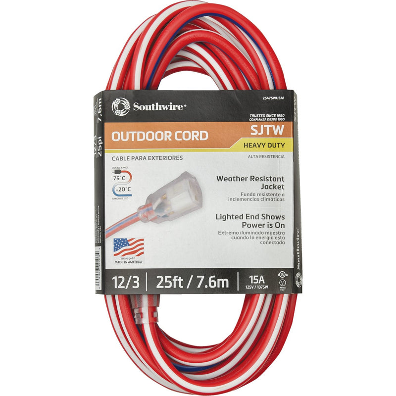 Southwire Wounded Warrior Project 25 Ft. 12/3 Indoor/Outdoor Red, White, & Blue Striped Patriotic Extension Cord