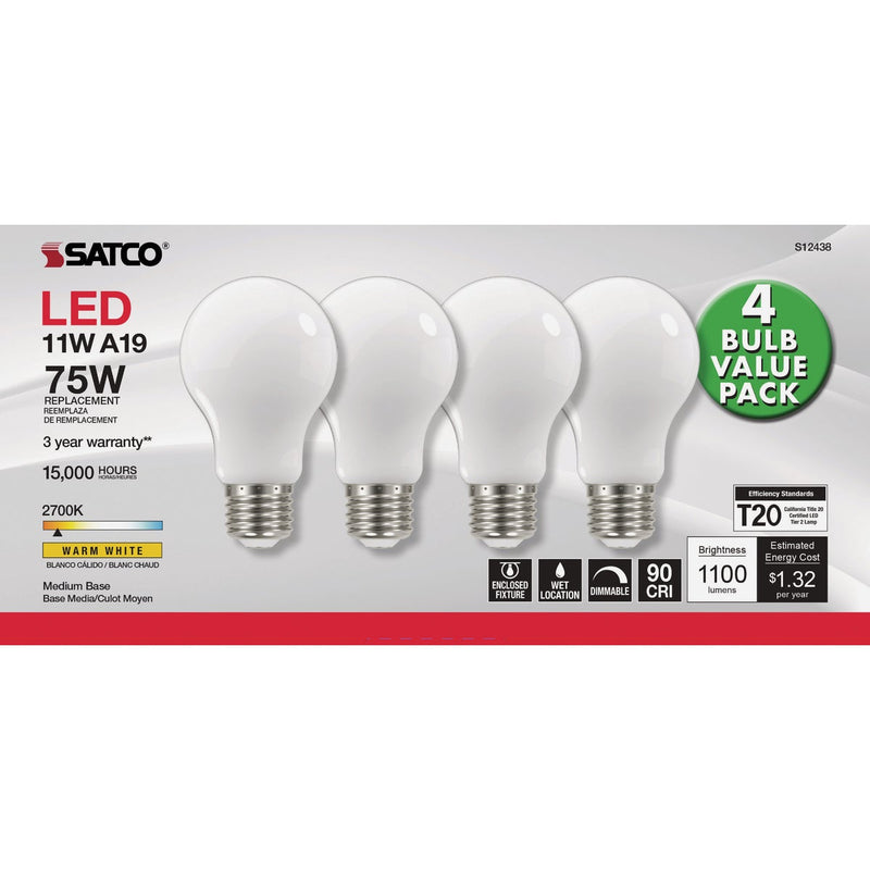 Satco Nuvo 75W Equivalent Warm White A19 Medium Frosted LED Light Bulb (4-Pack)