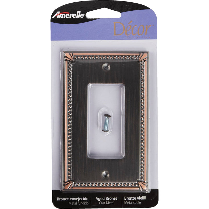 Amerelle Imperial 1-Gang Bead Cast Metal Rocker Decorator Wall Plate, Aged Bronze