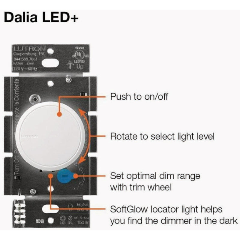 Lutron Dalia LED+ White 150W Single-Pole/3-Way LED Illuminated Rotary Light Dimmer Switch