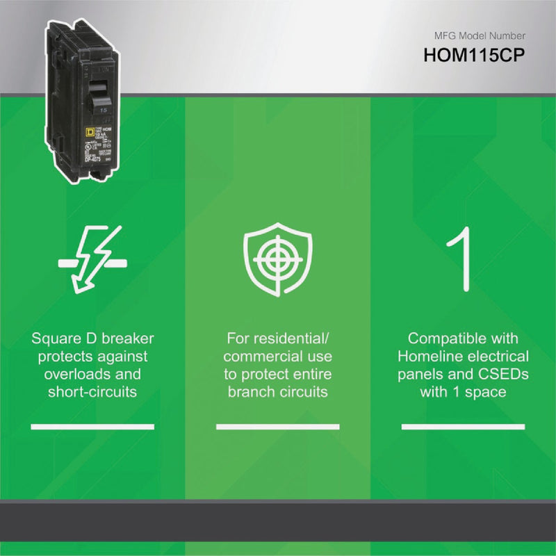 Square D Homeline 15A Single-Pole Standard Trip Circuit Breaker