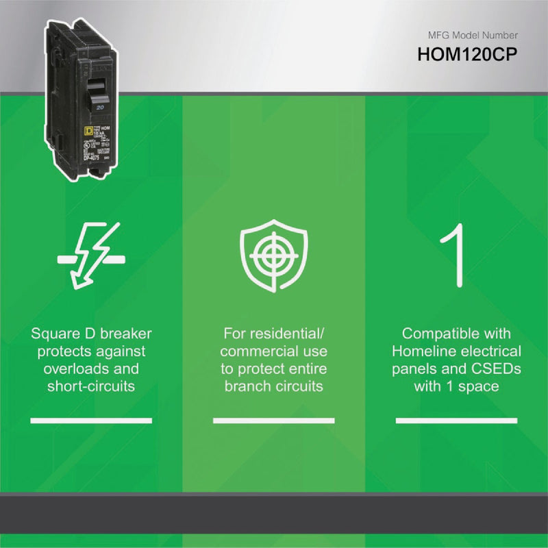 Square D Homeline 20A Single-Pole Standard Trip Circuit Breaker