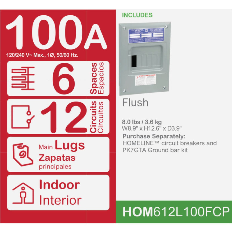 Square D Homeline 100A 6-Space 12-Circuit Indoor Main Lug Flush Mount Load Center