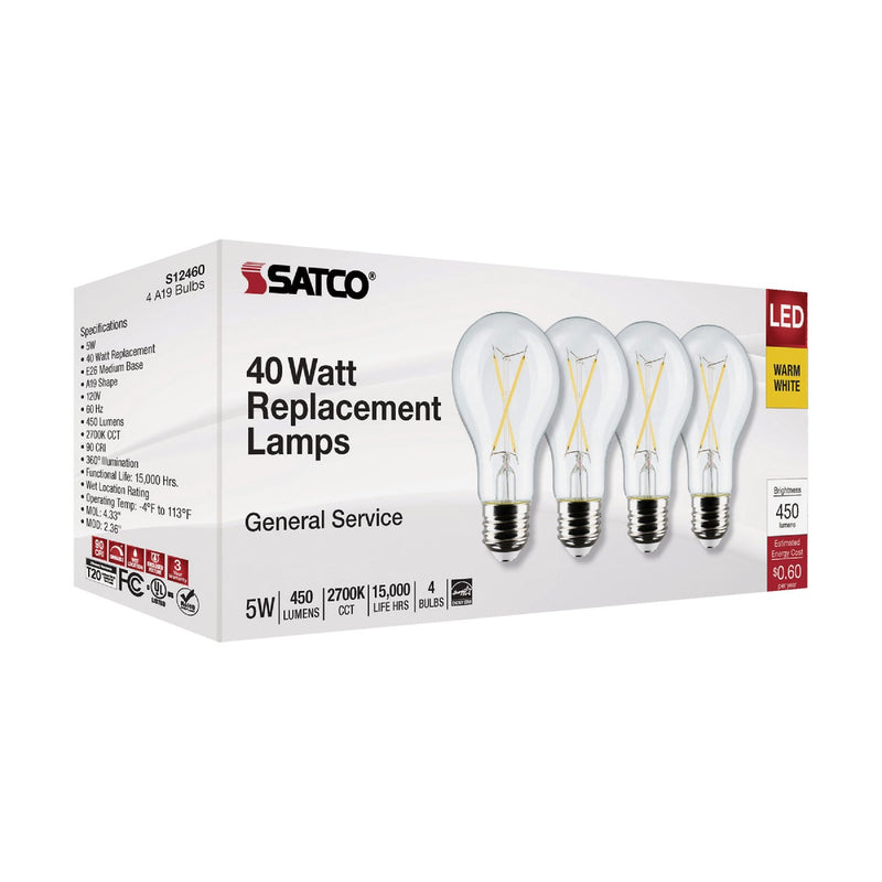 Satco 40W Equivalent Warm White A19 Medium Clear Dimmable LED Light Bulb (4-Pack)