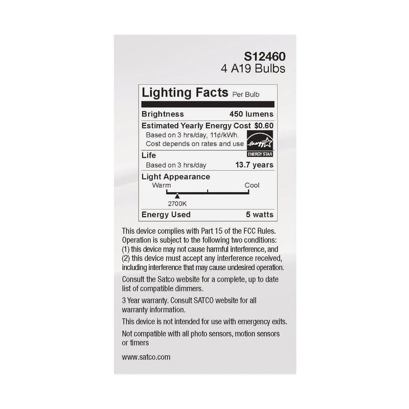 Satco 40W Equivalent Warm White A19 Medium Clear Dimmable LED Light Bulb (4-Pack)