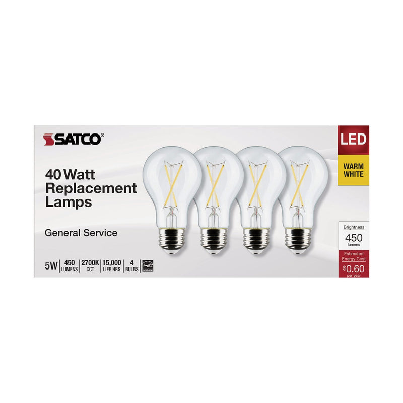 Satco 40W Equivalent Warm White A19 Medium Clear Dimmable LED Light Bulb (4-Pack)