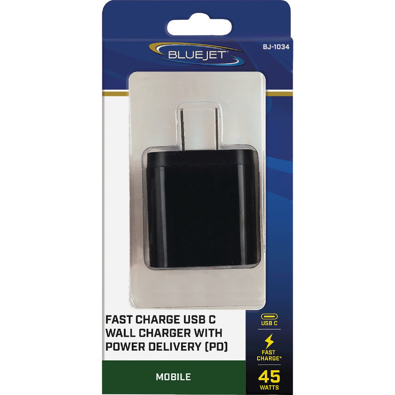 Blue Jet AC Outlet Black Fast Charge 45W Wall USB-C Charger with Power Delivery (PD) & QC