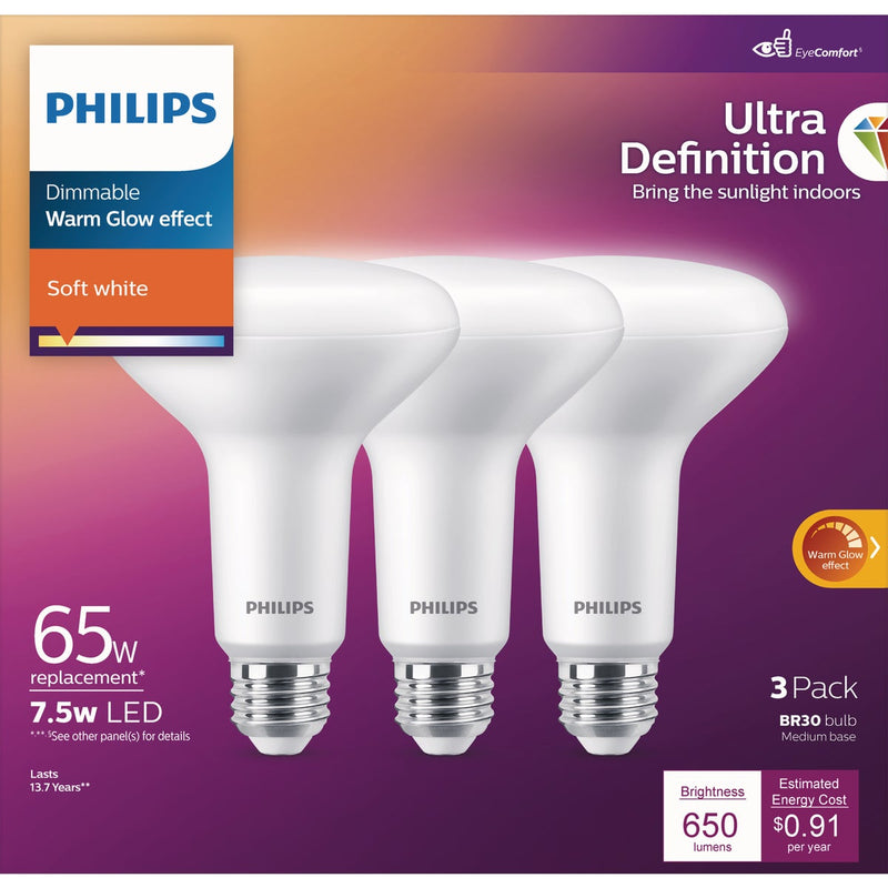 Philips Warm Glow Ultra Definition 65W Equivalent Soft White BR30 Medium Dimmable LED Floodlight Light Bulb (3-Pack)