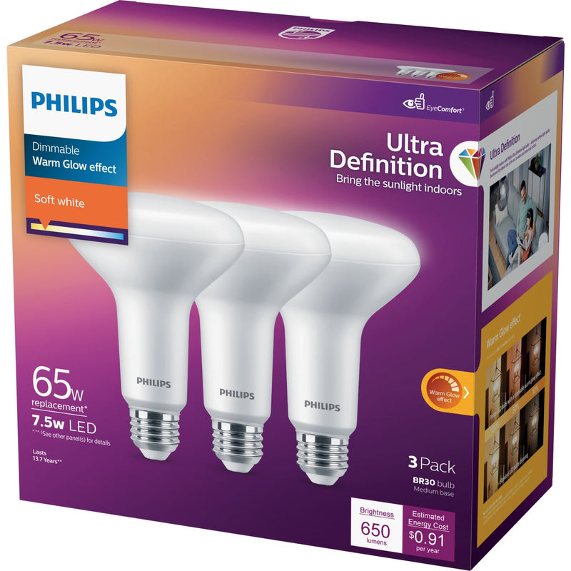 Philips Warm Glow Ultra Definition 65W Equivalent Soft White BR30 Medium Dimmable LED Floodlight Light Bulb (3-Pack)