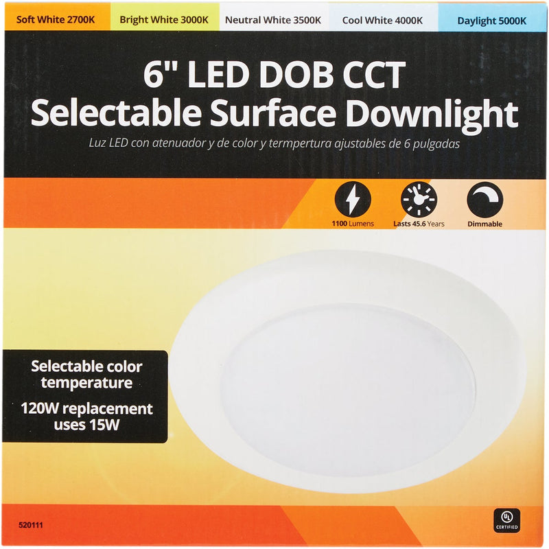 6 In. Retrofit IC Rated White LED DOB CCT Selectable Surface Mount Downlight, 1100 Lm.