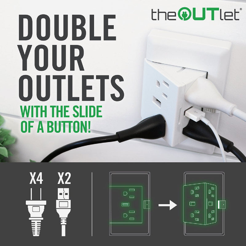 theOUTlet 2.1A/15A 125V White 4-Receptacle/2-USB Tamper Resistant Permanent Outlet Extender