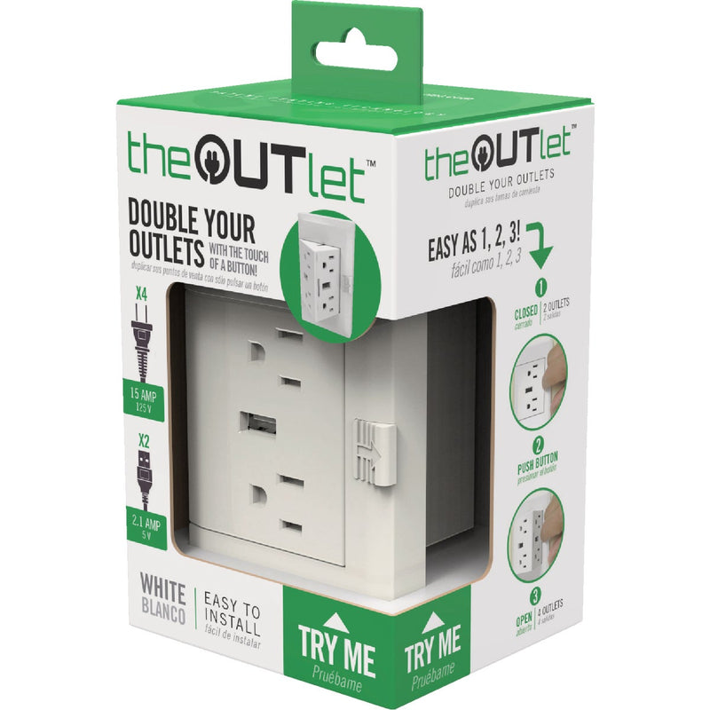 theOUTlet 2.1A/15A 125V White 4-Receptacle/2-USB Tamper Resistant Permanent Outlet Extender