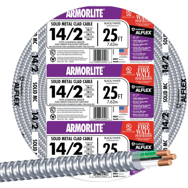 Southwire 25 Ft. 14/2 MC Armored Cable Electrical Wire