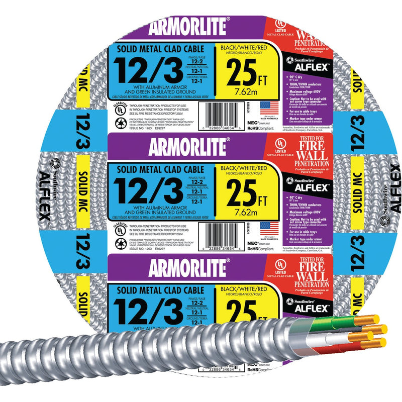 Southwire 25 Ft. 12/3 MC Armored Cable Electrical Wire