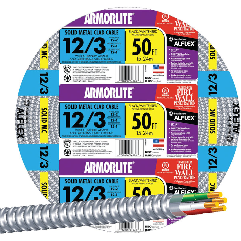 Southwire 50 Ft. 12/3 MC Armored Cable Electrical Wire