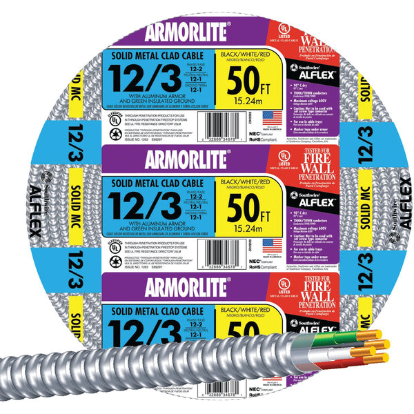 Southwire 50 Ft. 12/3 MC Armored Cable Electrical Wire