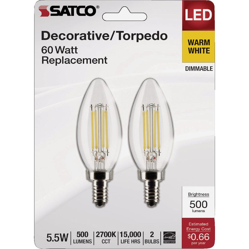 Satco 60W Equivalent Warm White B11 Candelabra Traditional LED Decorative Light Bulb (2-Pack)