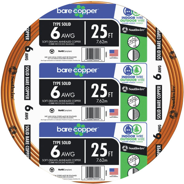 Southwire 25 Ft. 6AWG Solid Bare Ground Electrical Wire