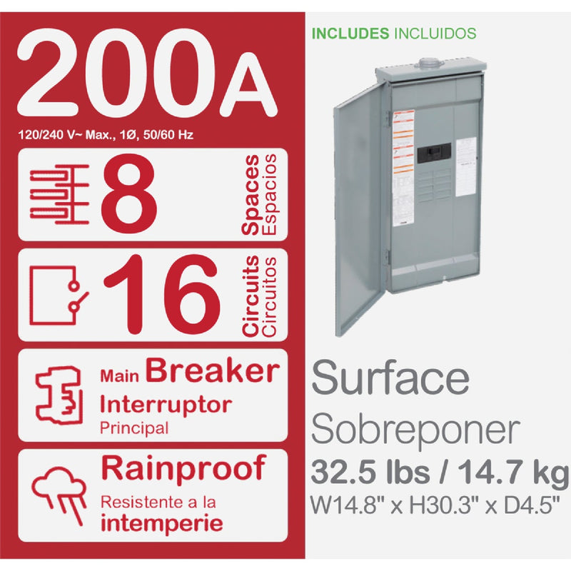 Square D Homeline 200A 8-Space 16-Circuit Raintight Main Breaker Plug-on Neutral Load Center with Feed-Through Lugs