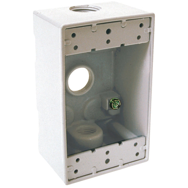 Bell Single Gang 1/2 In. 3-Outlet White Aluminum Weatherproof Outdoor Outlet Box