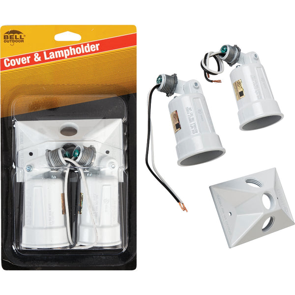 Bell 150W Aluminum Rectangle Double White Weatherproof Outdoor Lampholder with Cover, Carded