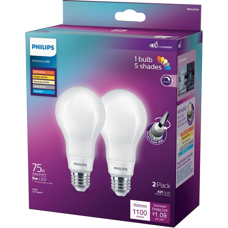 Philips WhiteDial 75W Equivalent Multi CCT A21 Medium LED Light Bulb (2-Pack)