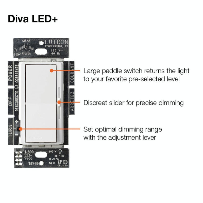 Lutron Diva Incandescent/Halogen/LED/CFL White Slide Dimmer Switch