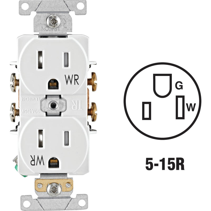 Leviton 15A White Tamper & Weather Resistant Commercial Grade 5-15R Duplex Outlet